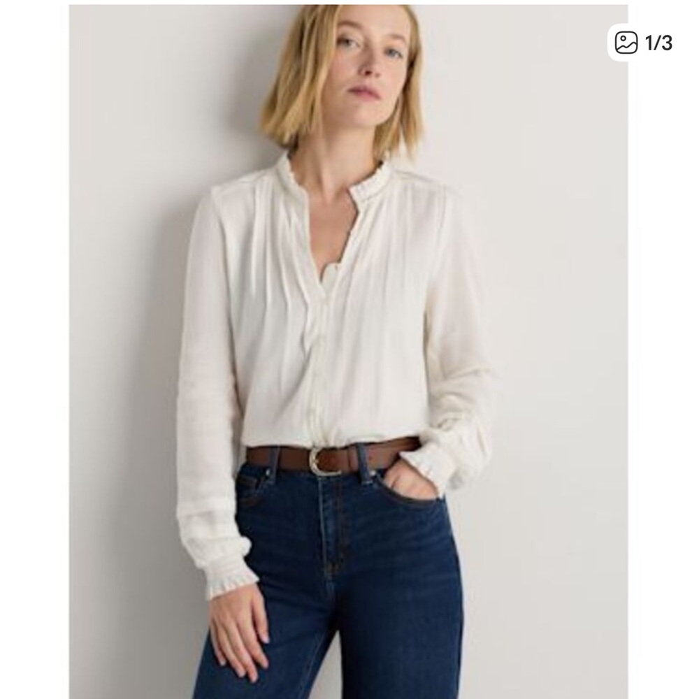 Faherty Organic Textured Cotton Poplin Blouse XS White